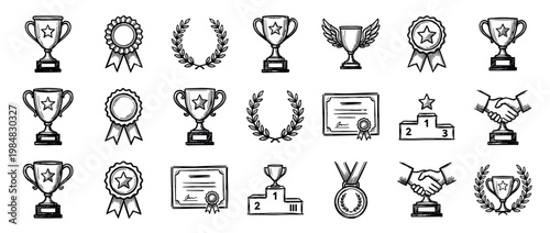Hand-drawn sketch style award and achievement icons collection featuring trophies, medals, certificates, and a winner's podium, rendered with a bold, expressive line art aesthetic