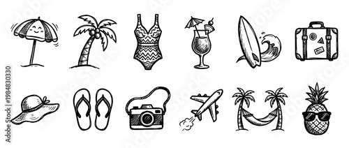 Collection of hand-drawn summer vacation icons, featuring various holiday elements like a palm tree, swimsuit, surfboard, and pineapple, rendered in a playful doodle style