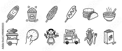 Set of hand-drawn corn street food icons in a cute doodle style, featuring elote, popcorn, tacos, a food truck, and other traditional snacks for a festival theme