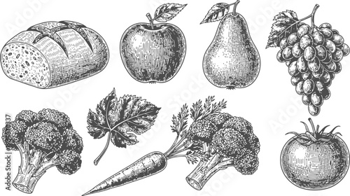 Obraz na płótnie Assorted wholesome produce and baked goods in a detailed engraving style against