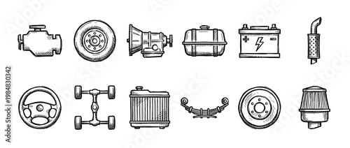 Hand-drawn car parts sketch illustration set including an engine, wheel, transmission, battery, and other vehicle components in a black and white doodle style for automotive service