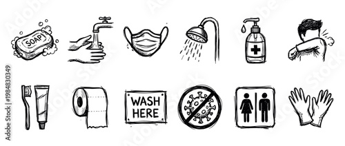 Hand-drawn hygiene and disease prevention icon set with soap, face mask, hand sanitizer, and other safety symbols in a black and white doodle sketch illustration style