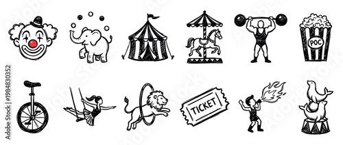Collection of hand-drawn circus icons featuring a clown, elephant, tent, and lion in a playful doodle sketch style for entertainment and performance themes