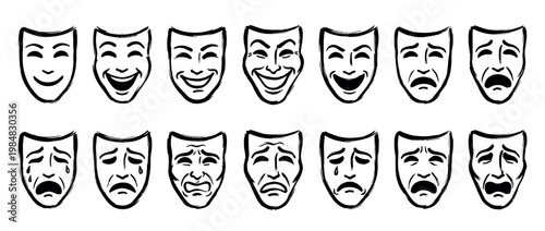 Set of black theatrical masks showing a range of human emotions from happy comedy to sad tragedy, depicted in a simple hand-drawn brush stroke ink sketch illustration style