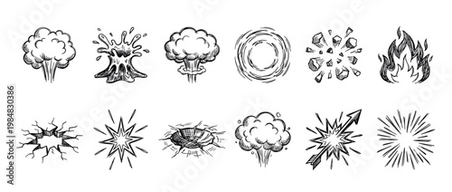 Set of hand-drawn comic book explosion effects featuring smoke clouds, fire, cracks, and impact flashes in a black and white doodle style illustration collection