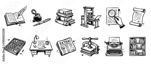 Collection of hand-drawn vintage icons representing writing, printing, and publishing themes, including a typewriter, quill pen, inkwell, books, and a classic printing press