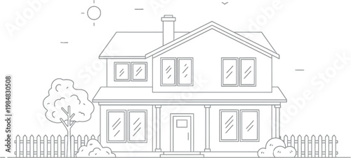 Simple outline drawing of a classic two story suburban family home featuring a front porch with tall windows and a white picket fence surrounded by bushes and a small tree illustration