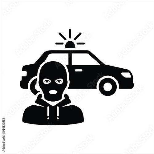 Burglar with ski mask near police car during a pursuit Vector Illustration Isolated on white background