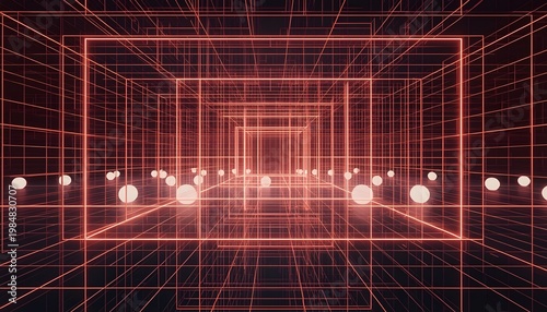 A futuristic digital tunnel with glowing red lines and white orbs on a dark background