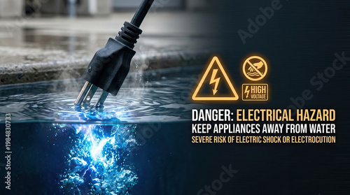 Electric plug electrical hazard electric shock water safety warning high voltage electrocution. Power cord touching water with sparks and ripples, danger concept for household appliance safety