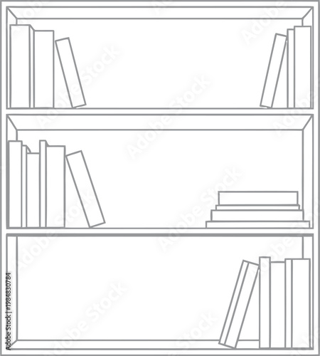 Simple hand drawn line art illustration of an empty wooden bookshelf with few scattered reading books organized on the shelves for a minimalist interior design concept for modern home decor styles