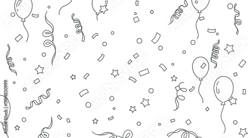 A charming and celebratory seamless pattern featuring various hand-drawn party elements like balloons, curling ribbons, scattered confetti shapes, and playful stars, perfect for any festive occasion.