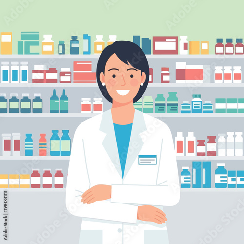 Smiling Pharmacist Woman in Lab Coat Standing in Pharmacy with Shelves of Medicine