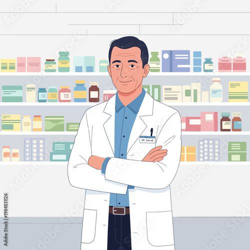 Friendly Male Pharmacist Standing Arms Crossed in Pharmacy with Shelves of Medicine
