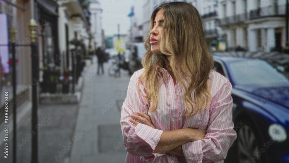 Fototapeta premium Woman with arms crossed and pursed lips standing on street beside blue car wearing pink striped shirt; defiance solitude.