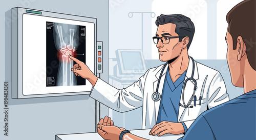 Doctor Explains X-ray Scan of Injured Wrist to Patient in Medical Office