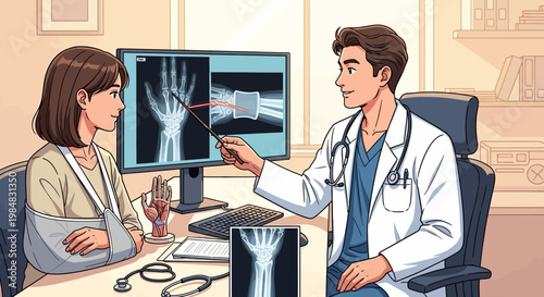 Doctor Explains X-ray Results to Patient with Broken Arm in Sling