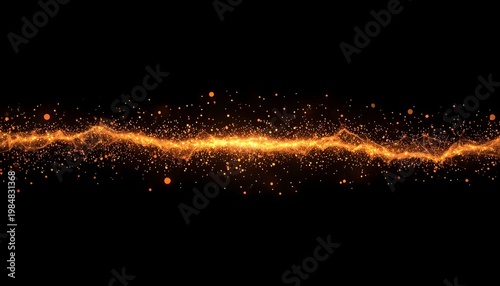 A vibrant orange light streaks across a dark background with sparkling particles