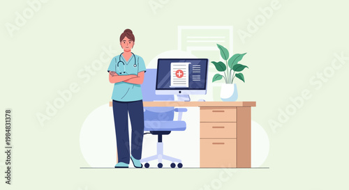 Doctor Standing in Office with Medical Chart on Computer Screen