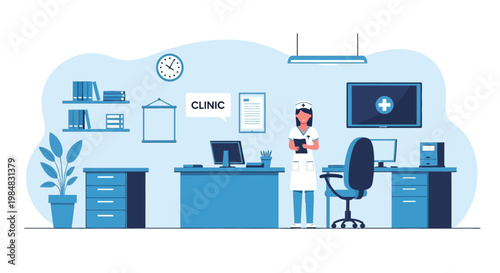 Doctor's office reception area with nurse, computers, and medical equipment. Healthcare concept.