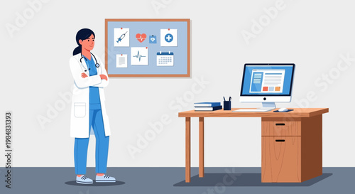 Female doctor in clinic office with computer and medical charts on bulletin board