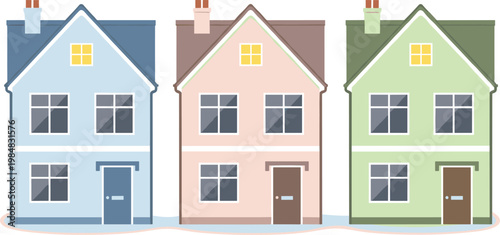 Row of Colorful Residential Houses Illustration Featuring Modern Suburban Homes with Different Facades for Real Estate, Property Marketing, and Urban Neighborhood Concepts.