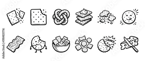 Collection of hand-drawn cracker and snack icons in a black and white doodle style, featuring pretzels, cheese, dip, and various biscuit shapes for a fun food concept