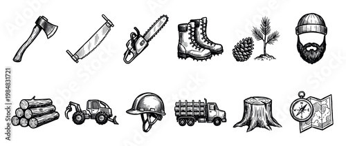 Hand-drawn set of vintage lumberjack icons featuring an axe, chainsaw, logging truck, and forestry equipment in a detailed black and white sketch illustration style