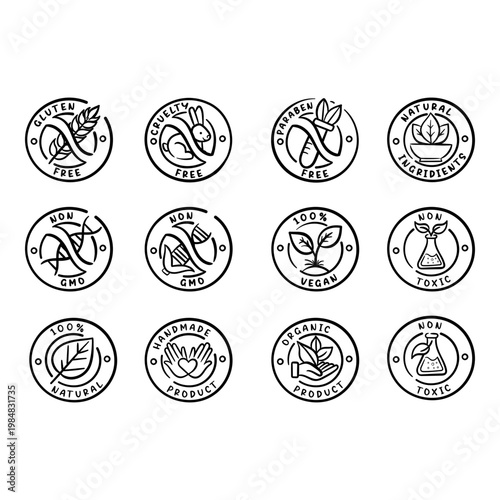 Natural Product Labels Icons Set with Gluten Free, Cruelty Free, Paraben Free, Vegan Organic, and Non-GMO Badges