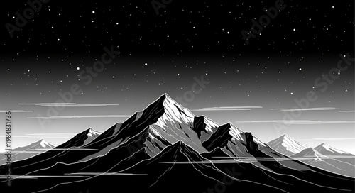 Monochrome Majestic Mountain Peak With Snow Covered Summit.