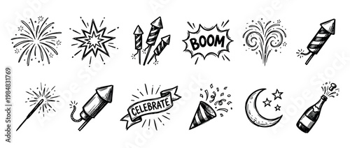 Hand drawn collection of festive celebration icons features fireworks, sparklers, rockets, a party popper, champagne, and a 'celebrate' banner in a doodle style