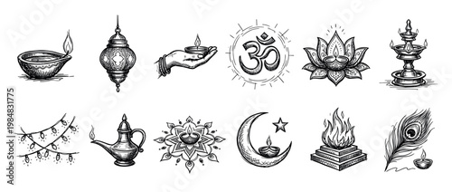 Hand-drawn collection of traditional Indian festival symbols, including various lit diyas, an Om sign, a lotus, a lantern, and a peacock feather, rendered in a detailed sketch art style