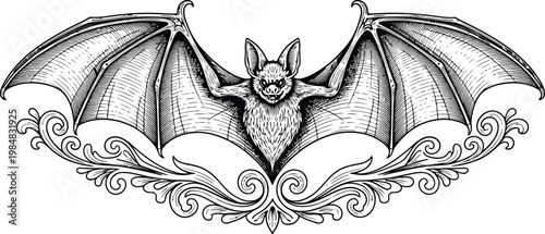 Foto Bat with ornate filigree in detailed engraving style for Halloween and gothic th
