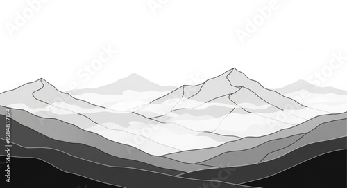Monochrome Layered Mountain Range Illustration With Multiple Peaks.