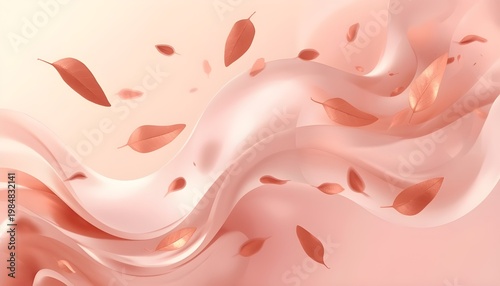 A beautiful abstract illustration of pink silk fabric with floating leaves on a soft peach background