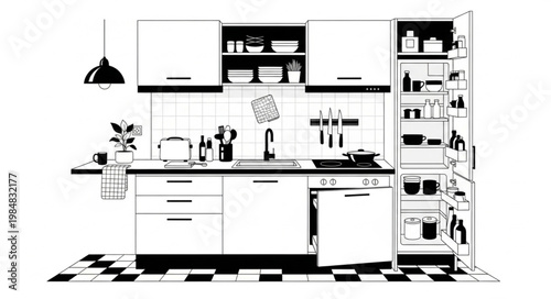 Monochrome Kitchen Interior Cabinetry Sink And Appliances.