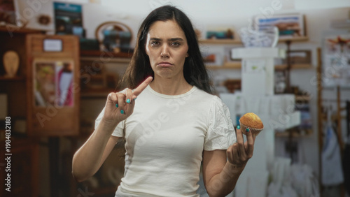Bild auf Leinwand Woman holding muffin in one hand and pointing finger at pastry while displaying furrowed brow in building; disapproval