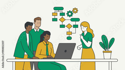 Illustration of a diverse team collaborating over a laptop with a flowchart in a modern office setting with a professional and productive mood.