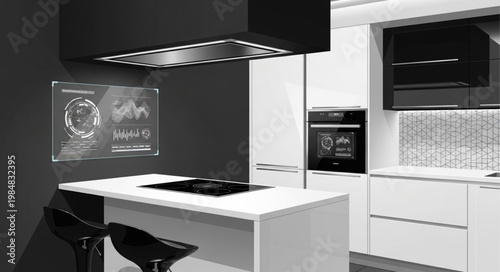 Modern white kitchen island with cooktop and stools.