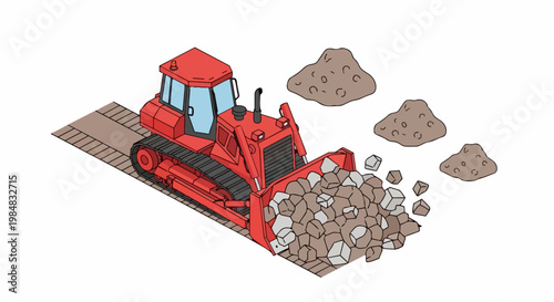 Red Isometric Bulldozer Pushing Rock Pile Illustration on White Background