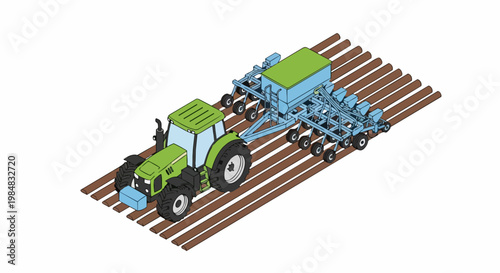 Isometric Vector Illustration of a Modern Green Tractor Pulling a Seed Drill Seeder for Sowing Crops in a Field, Isolated on White Background