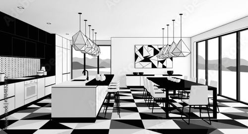 Modern monochrome kitchen and dining room interior scene.