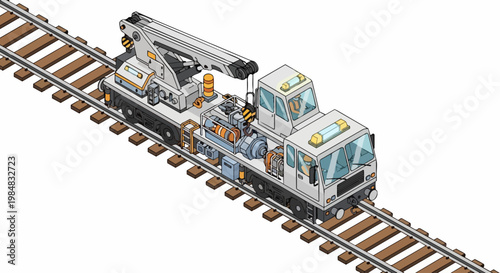 Isometric Railway Maintenance Crane Vehicle on Tracks for Infrastructure Repair and Engineering