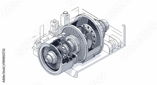 Technical Isometric Cutaway Illustration of a Jet Turbine Engine - Detailed Mechanical Engineering Drawing