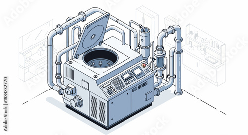 Isometric Industrial Centrifuge Machine with Piping for Laboratory and Chemical Manufacturing Illustration