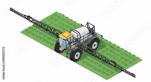Isometric Illustration of a Self-Propelled Agricultural Crop Sprayer in a Farm Field for Fertilizer and Pesticide Application