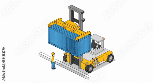 Isometric Container Handler Lifting Blue Shipping Cargo Container with Industrial Worker. Logistics, Global Trade and Supply Chain Management Concept.
