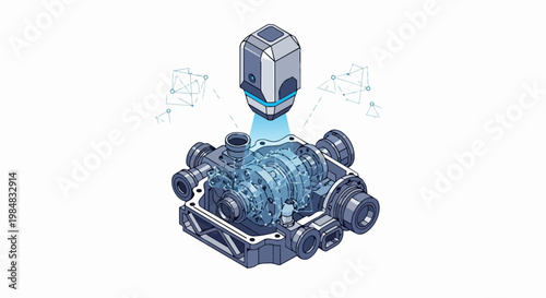 Isometric Illustration of a 3D Laser Scanner Analyzing a Mechanical Engine Component for Digital Twin Creation, Quality Control, and Industrial Engineering Innovation.