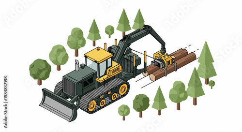 Isometric Logging Machine Vector Illustration - Heavy Forestry Forwarder with Grapple Arm Lifting Logs in Forest