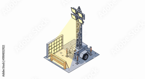 Isometric Mobile Light Tower Trailer Illustration for Construction Site Night Work and Infrastructure Projects